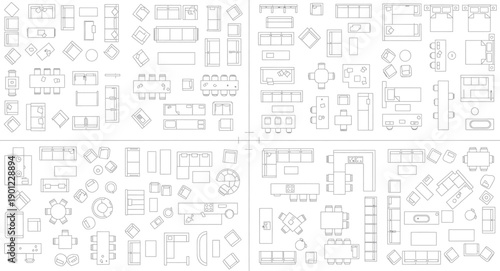 A blurry image of four architectural blueprint pages isolated on transparent background