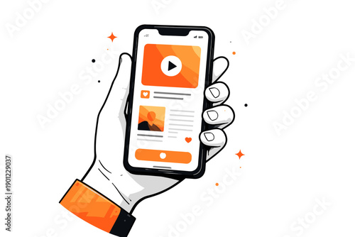 Male hand holding smartphone with video play icon on orange-themed app interface
