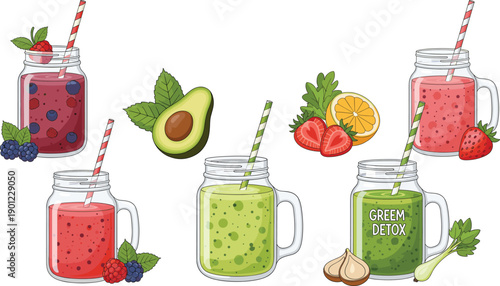 Fresh Smoothie and Detox Juice Set with Avocado, Berries and Citrus Illustration