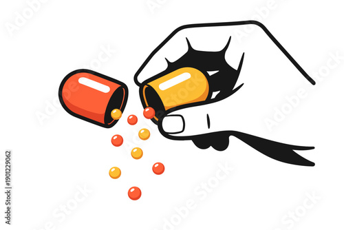 Illustrated hand opening capsule with colorful pellets on white background