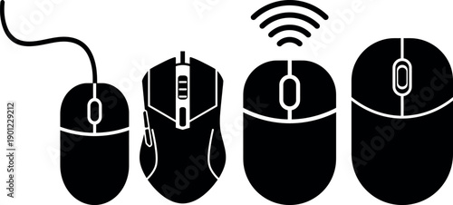 Computer mouse icon set with wired and wireless connection symbols