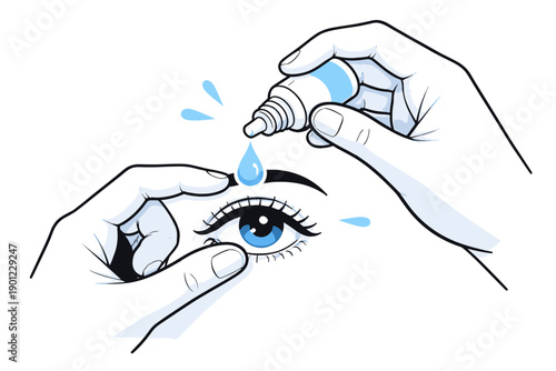Illustration of eye drop application for irritation relief and eye health