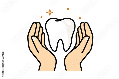 Illustration of hands holding a tooth with sparkles for dental care and oral health