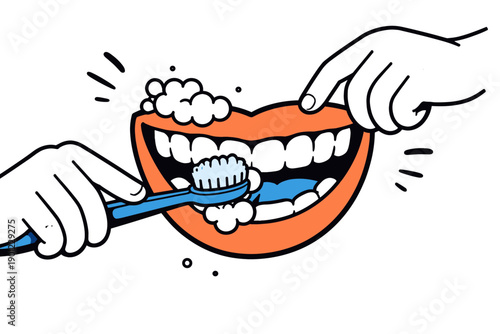 Cartoon mouth brushing teeth with toothbrush and soap bubbles