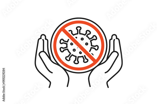 Hands protecting against virus icon with prohibition symbol for health safety