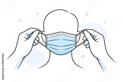 Hands placing face mask on unidentified bald person in clean white background illustration