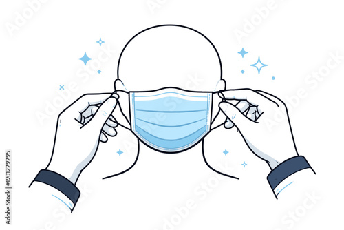 Illustration of hands placing a face mask on a head