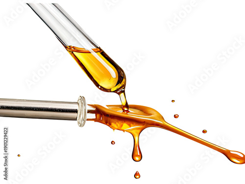 A close-up shot of liquid flowing from a pipe into a glass container