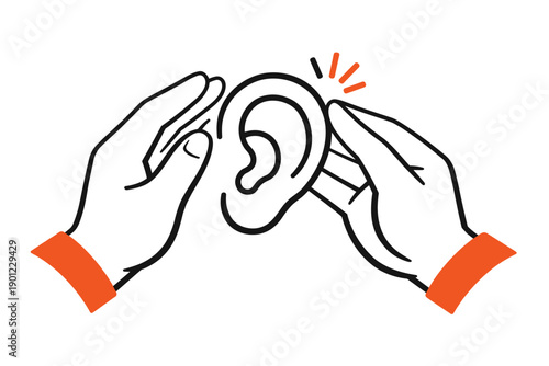 Illustration of hands protecting human ear with emphasis on hearing protection and care