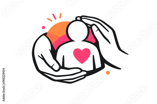 Heart symbol with protective hands and abstract circle background