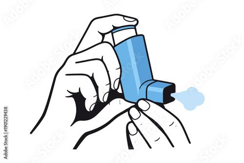 Hands holding asthma inhaler with mist release for respiratory relief