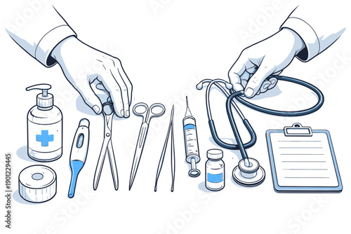 Medical tools and equipment with caucasian hands