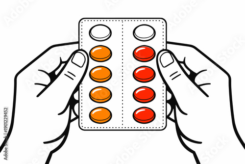 Hands holding blister pack of multicolored pills on white background