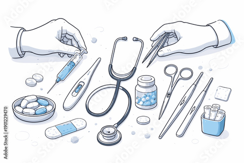 Medical tools and equipment featuring stethoscope, syringe, and pills