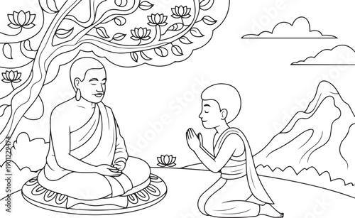 Buddha Teaching Disciple Line Art Illustration