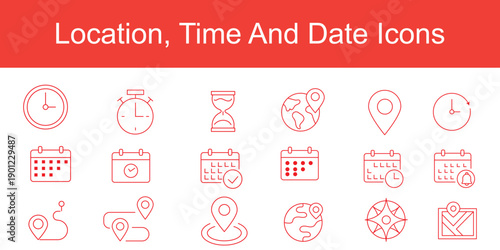 Time, date and address icon. Clock, calendar and location elements for scheduling vector illustration. Useful date and address details for navigation symbol. Clean minimal layout for interface sign.