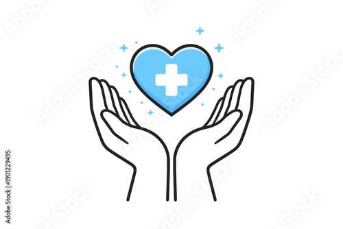Blue heart with medical cross held by open hands symbolizing health and care