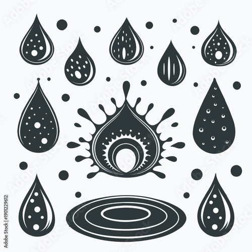 Blue water droplets on a black background shown as a clean and simple vector illustration