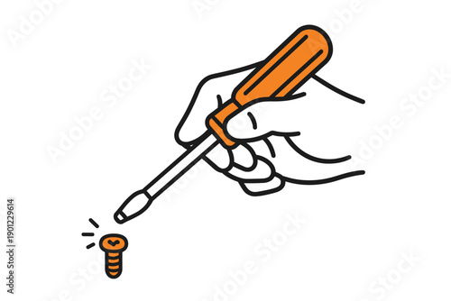Hand with screwdriver fixing screw - simple line art design illustration