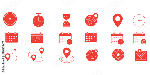 Time, calendar and location icon set with clocks, schedules, maps and navigation symbols in clean outline vector style