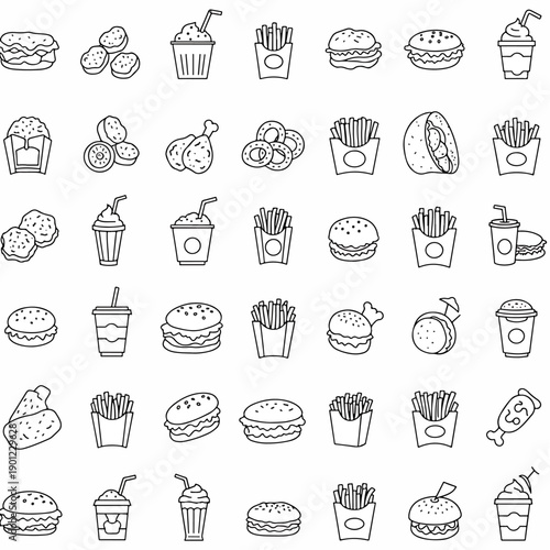 Black and white line art illustrations of various fast food items, isolated on white background