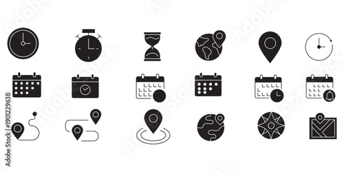 Time, calendar and location icon set with clocks, schedules, maps and navigation symbols in clean outline vector style