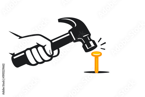 Illustration of hand using hammer to hit nail - simple iconic design