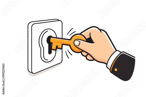 Hand holding key unlocking door in modern flat design on white background