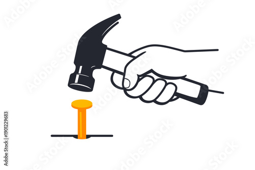 Hand holding hammer hitting nail in minimalist black and white illustration