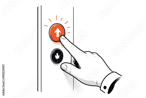 Hand pressing elevator up button with illuminated indicator