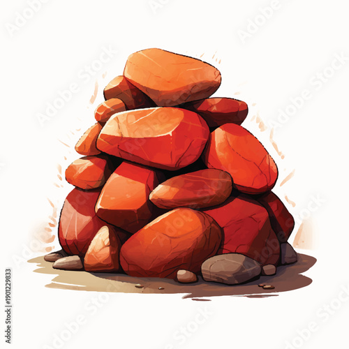 Vibrant Red Mineral Shards and Grey Ore Rock Pile Illustration
