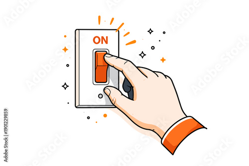 Illustrated hand flipping light switch to on position with orange accents