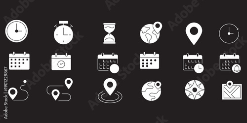 Time, calendar and location icon set with clocks, schedules, maps and navigation symbols in clean outline vector style