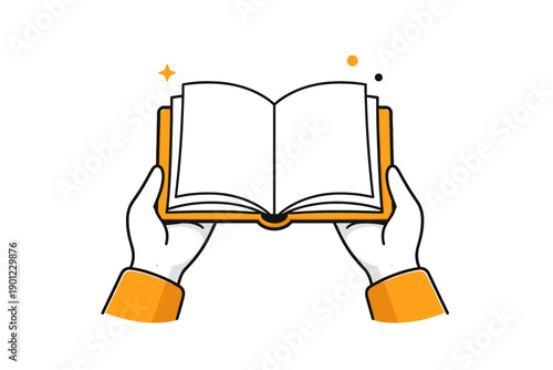 Illustrated hands holding open book with orange accents on white background