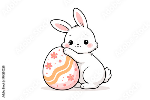 Cute cartoon bunny with decorated easter egg on white background