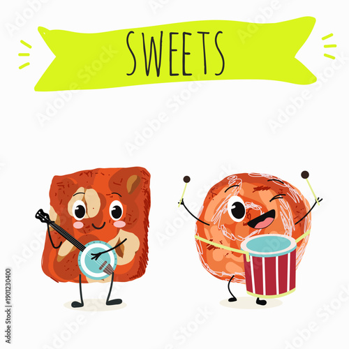 Funny Characters cezerye, carrot dessert, Turkish traditional food. Hand drawn vector illustration.