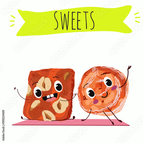 Funny Characters cezerye, carrot dessert, Turkish traditional food. Hand drawn vector illustration.