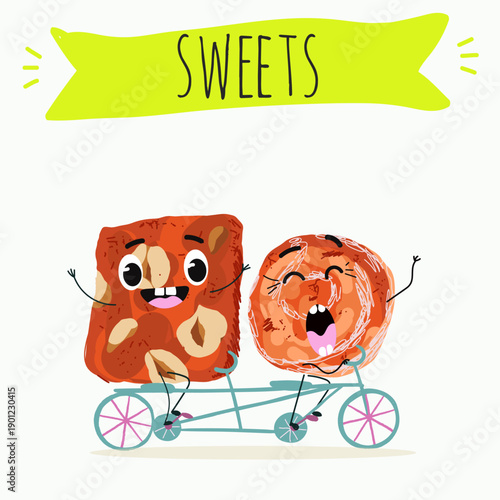 Funny Characters cezerye, carrot dessert, Turkish traditional food. Hand drawn vector illustration.