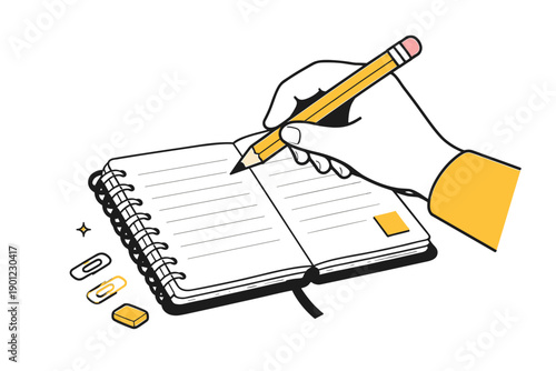 Hand drawing with pencil on open notebook with paper clips and eraser