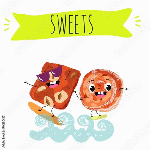 Funny Characters cezerye, carrot dessert, Turkish traditional food. Hand drawn vector illustration.
