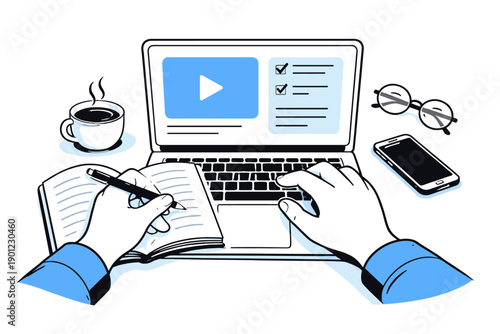 Hands taking notes and watching video on laptop with coffee and phone nearby
