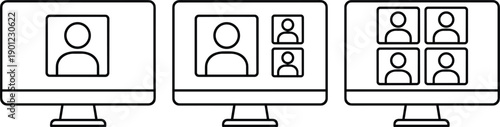 Video conference desktop icons representing online meetings remote teamwork communication webinar business collaboration vector illustration outline