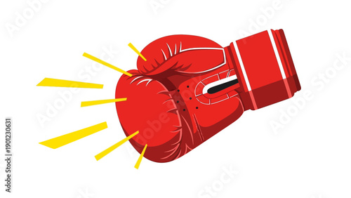 Powerful Red Boxing Glove Punching Action Vector Illustration. Concept of Impact, Victory, and Knockout on White Background.
