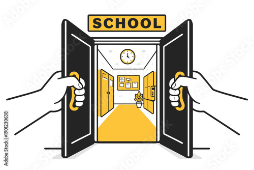 Open school doors leading to a hallway with lockers and clock