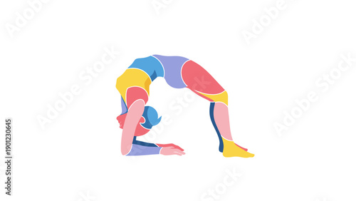 Modern Abstract Yoga Wheel Pose Vector Illustration. Woman Performing Urdhva Dhanurasana Backbend.