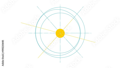Minimalist Technical Drawing Blueprint: Concentric Circles, Radial Lines, and Yellow Focal Point Design.