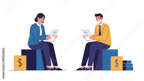 Business Negotiation and Financial Equity Comparison. Two Professionals Reviewing Contracts on Stacks Representing Wealth or Salary Gap.