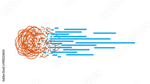 Complexity to Clarity: Tangled Scribble Dissolving into Organized Blue Data Flow Lines. Problem Solving and Digital Transformation Abstract Icon.