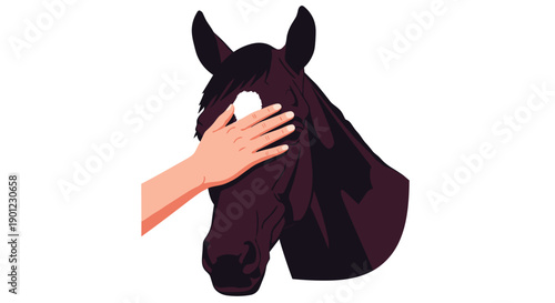 Human hand gently caressing the dark face of a horse, showing a close bond and comforting affection.