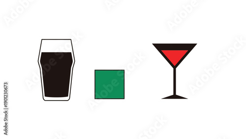 Minimalist Cocktail and Beer Glass Icons with Geometric Green Square. Abstract Traffic Light Concept and Beverage Symbols.